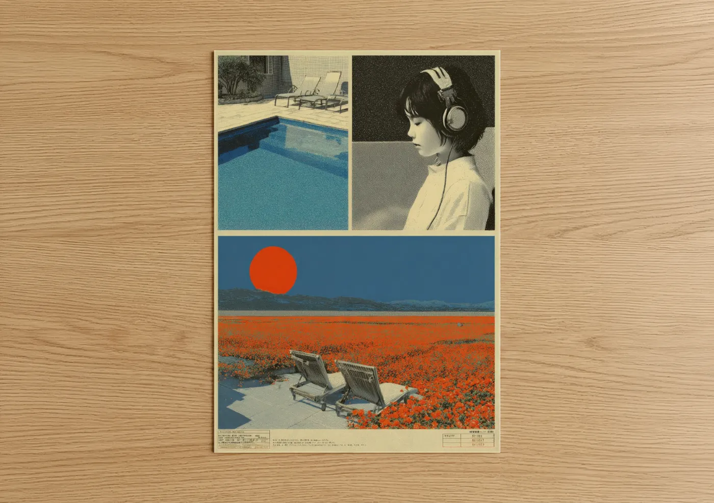 Japanese y2k art print on warm oak wood — blue and turquoise palette — Dreamy Y2K Escape poster