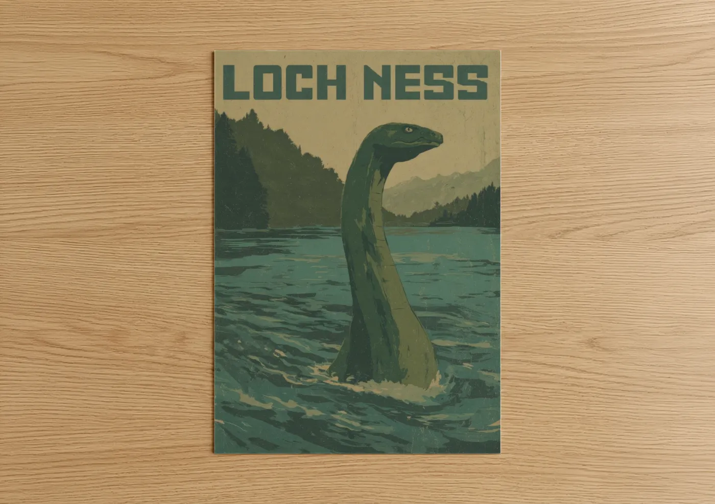 Loch ness monster art print on warm oak wood — teal and sage green palette — Loch Ness Mystery poster