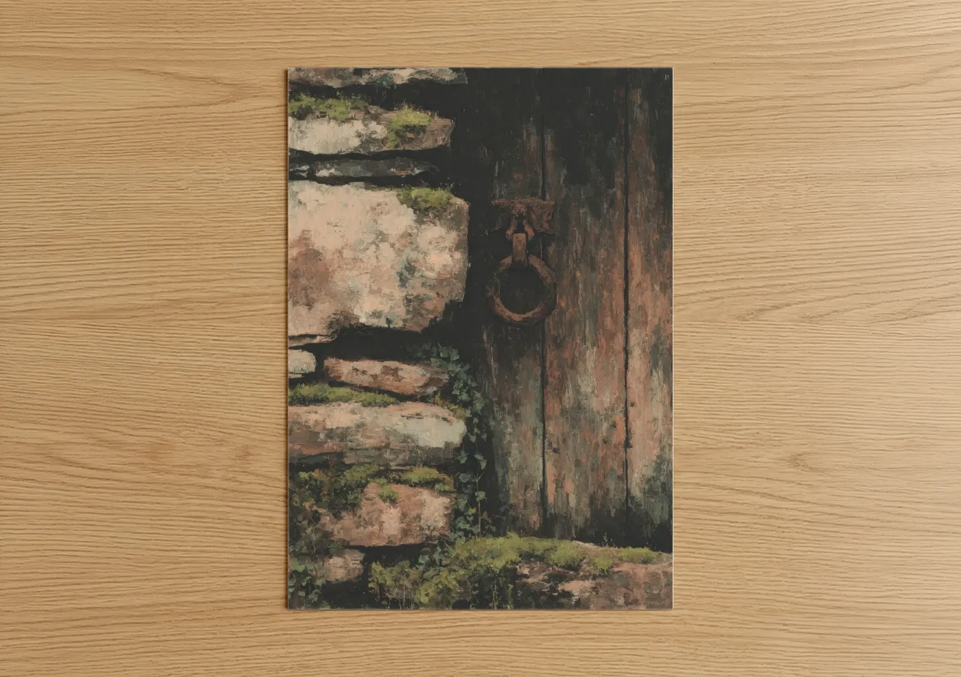 Rustic Wine Cellar Door with Aged Brick Wall Art
