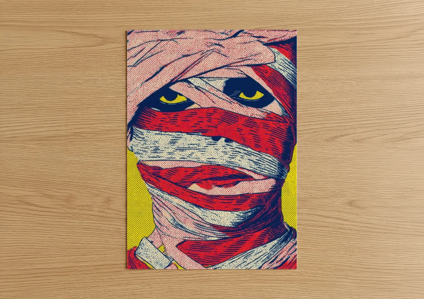 Halloween art print on warm oak wood — red and yellow palette — Mummy Pop Art poster