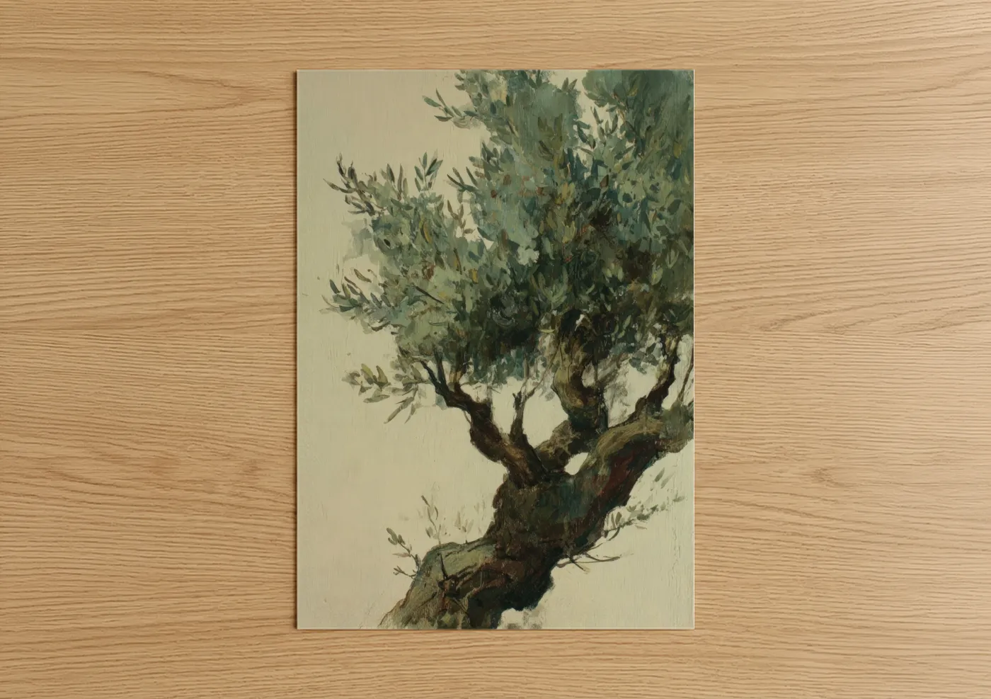 Art print on warm oak wood — sage green and beige palette — Gnarled Olive Tree poster
