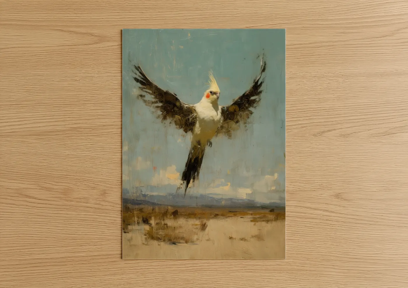 White Cockatiel Desert Flight Painting Wall Art