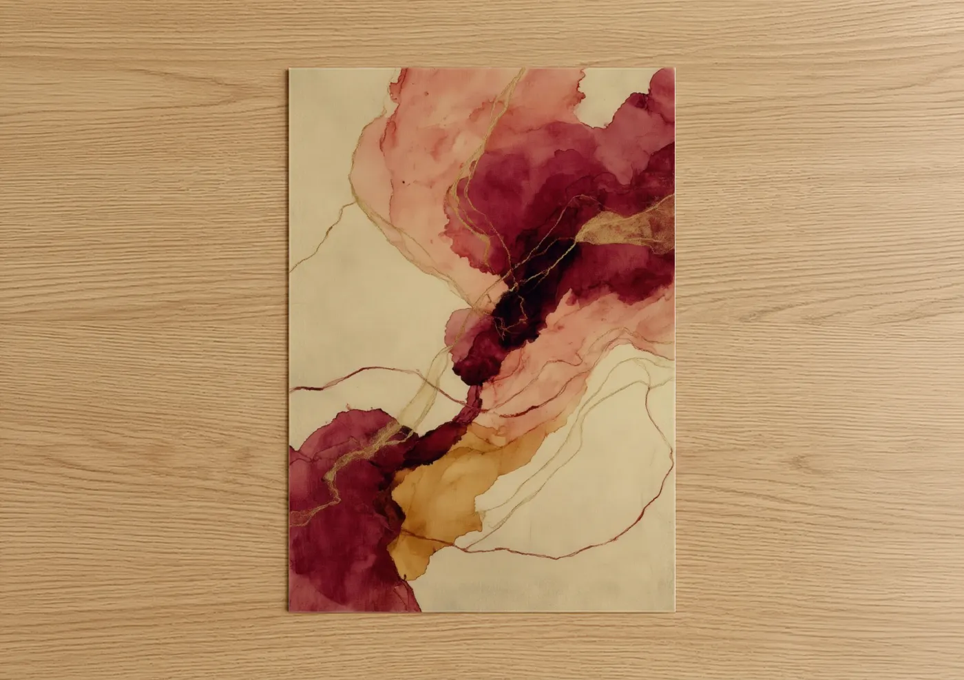Art print on warm oak wood — rose gold and cream palette — Rose Wine Abstract poster