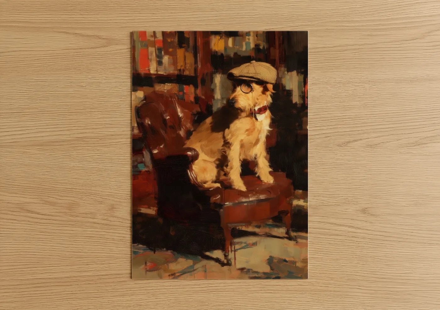 Art print on warm oak wood — russet and gold palette — Dapper Terrier poster