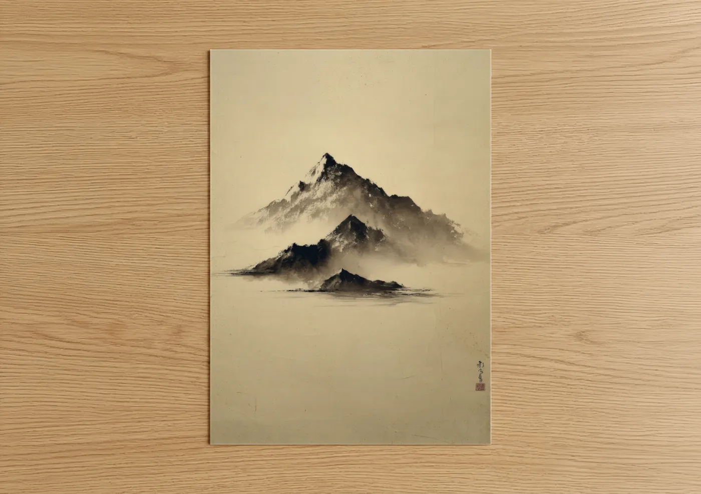Abstract minimalist art print on warm oak wood — black and beige palette — Misty Mountain Peaks poster