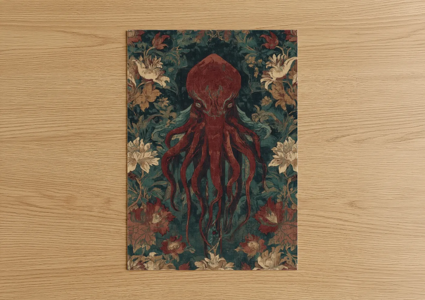 Art print on warm oak wood — maroon and dark green palette — Crimson Cthulhu poster