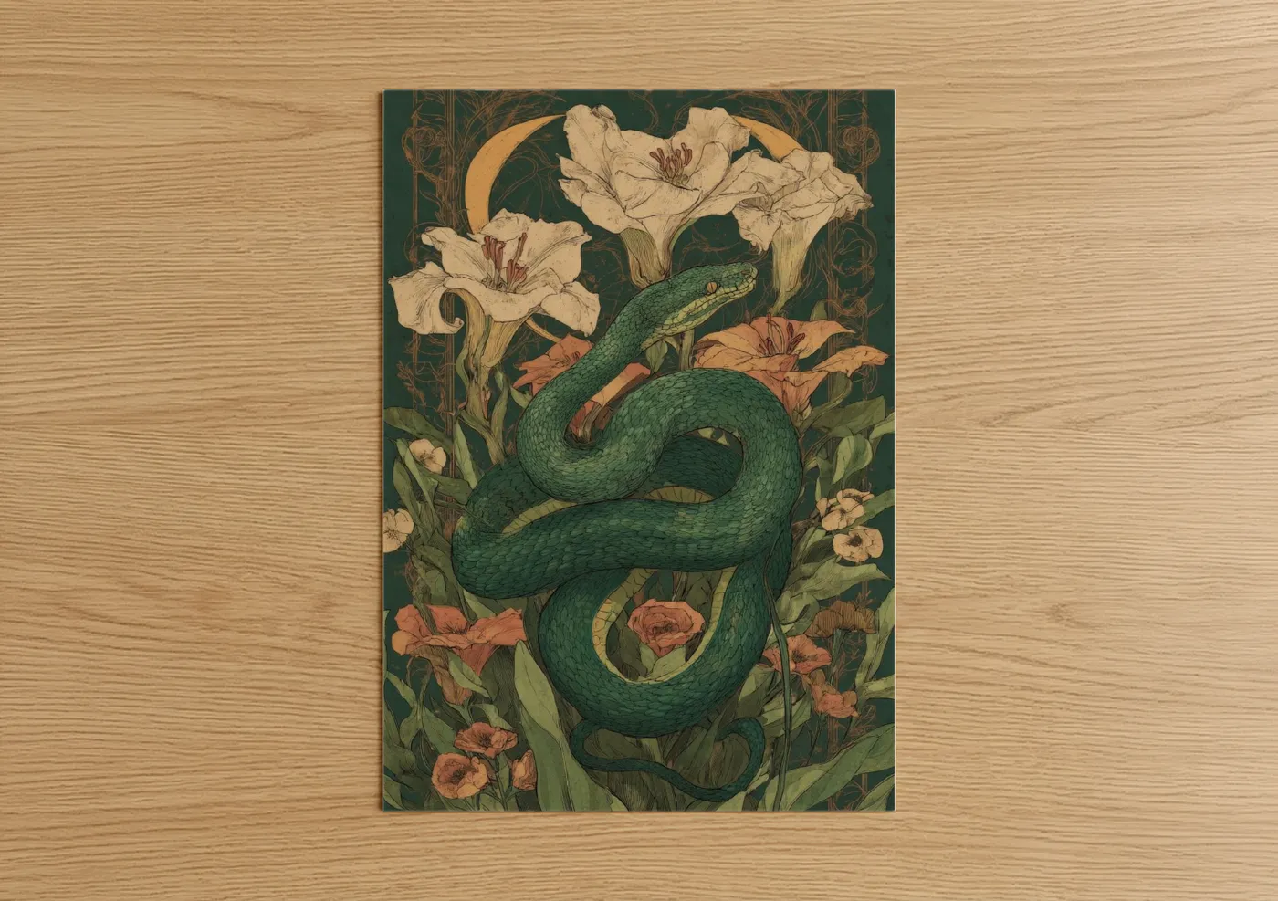 Art print on warm oak wood — dark green and peach palette — Emerald Garden Python poster