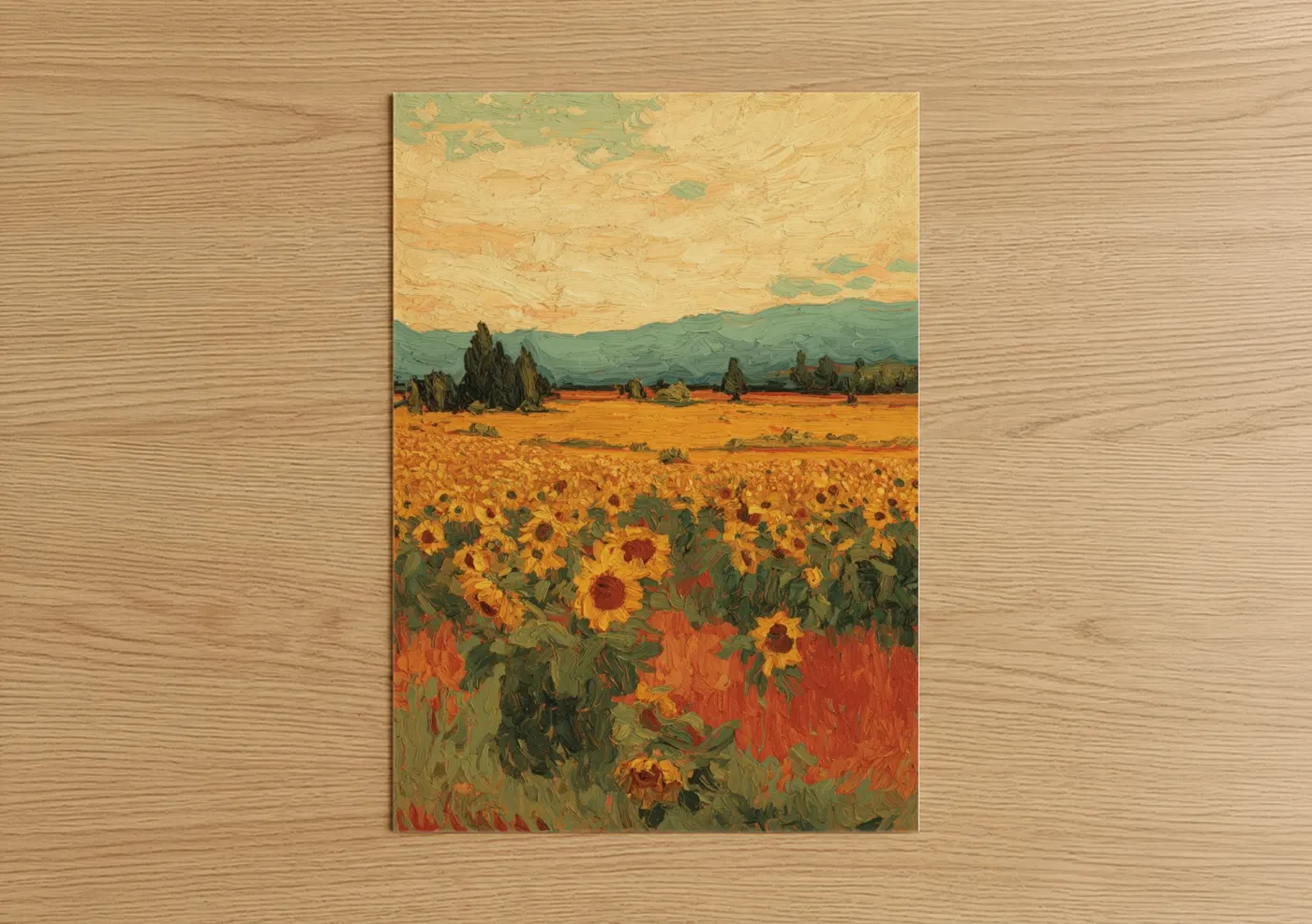 Art print on warm oak wood — gold and orange palette — Golden Sunflower Field poster