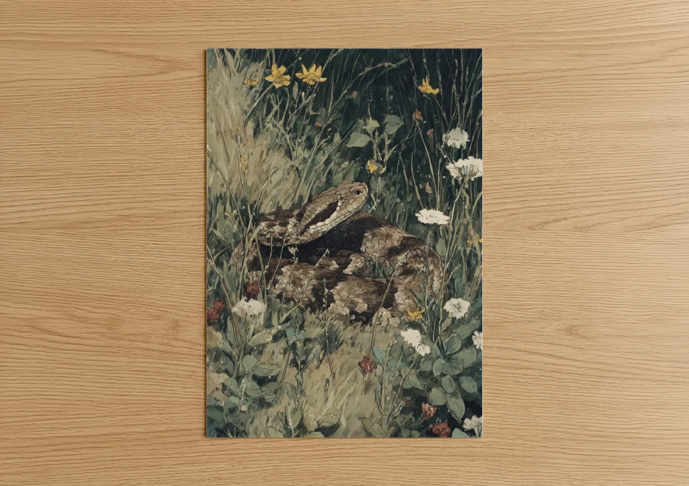 Art print on warm oak wood — dark green and gold palette — Meadow Viper poster