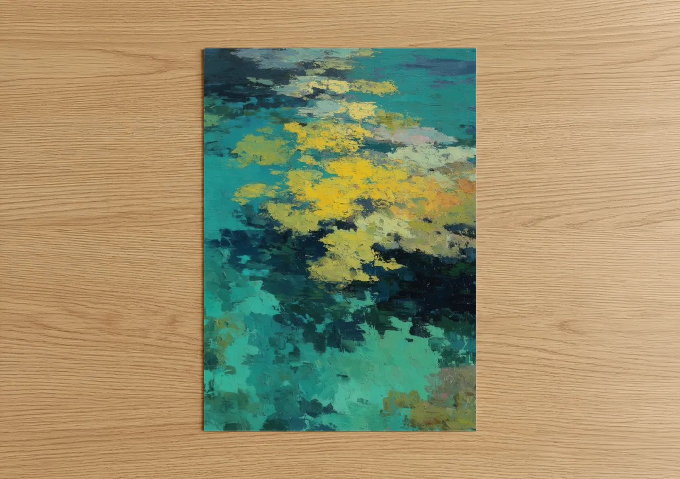 Art print on warm oak wood — turquoise and yellow gold palette — Tropical Coral Abstract poster