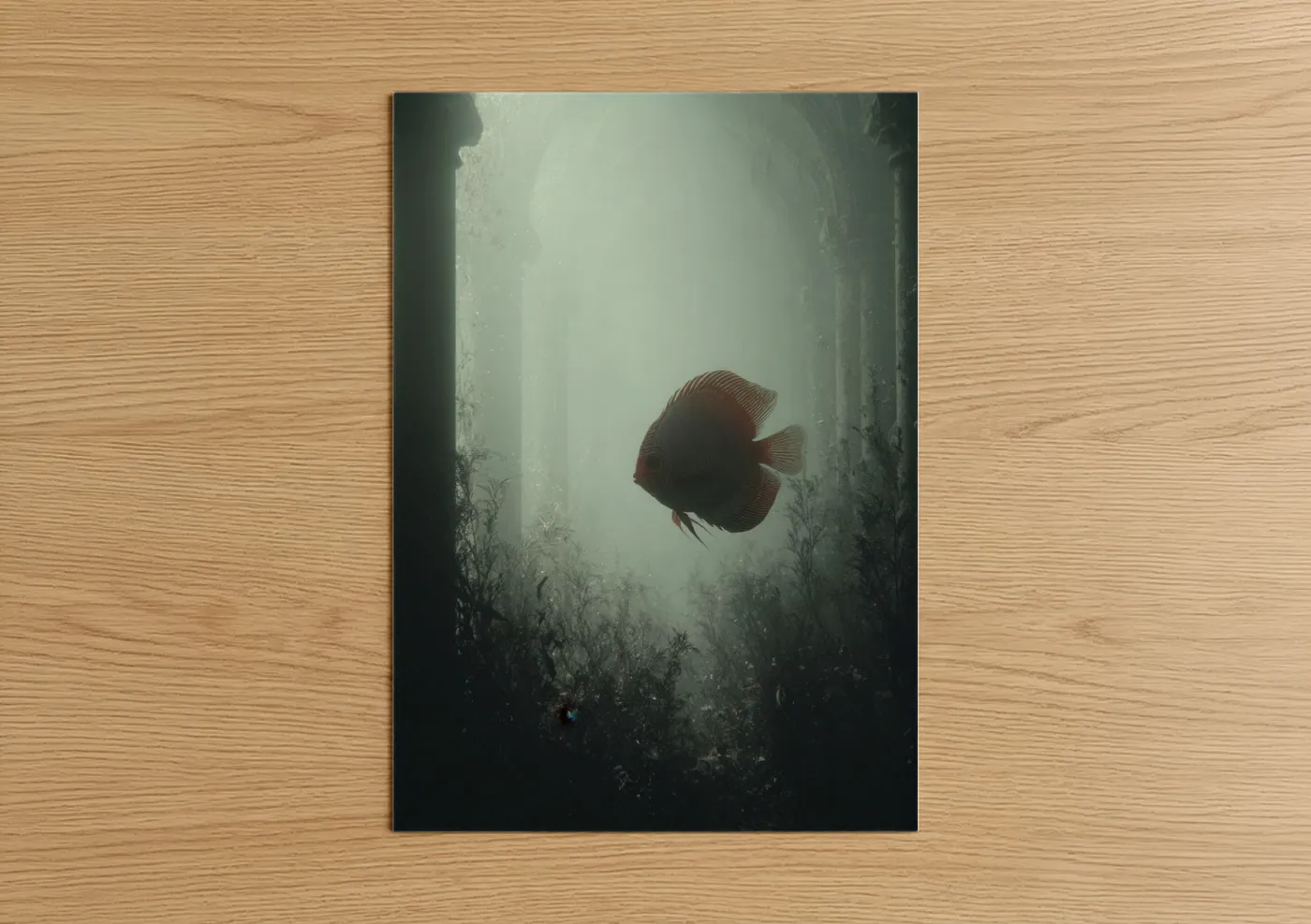 Discus fish art print on warm oak wood — gray and white and sage green palette — Mystic Discus poster