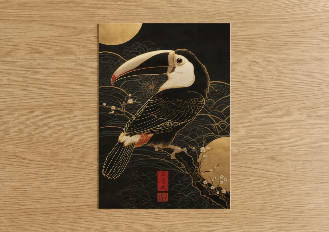 Art print on warm oak wood — black and gold and cream palette — Moonlit Toucan poster