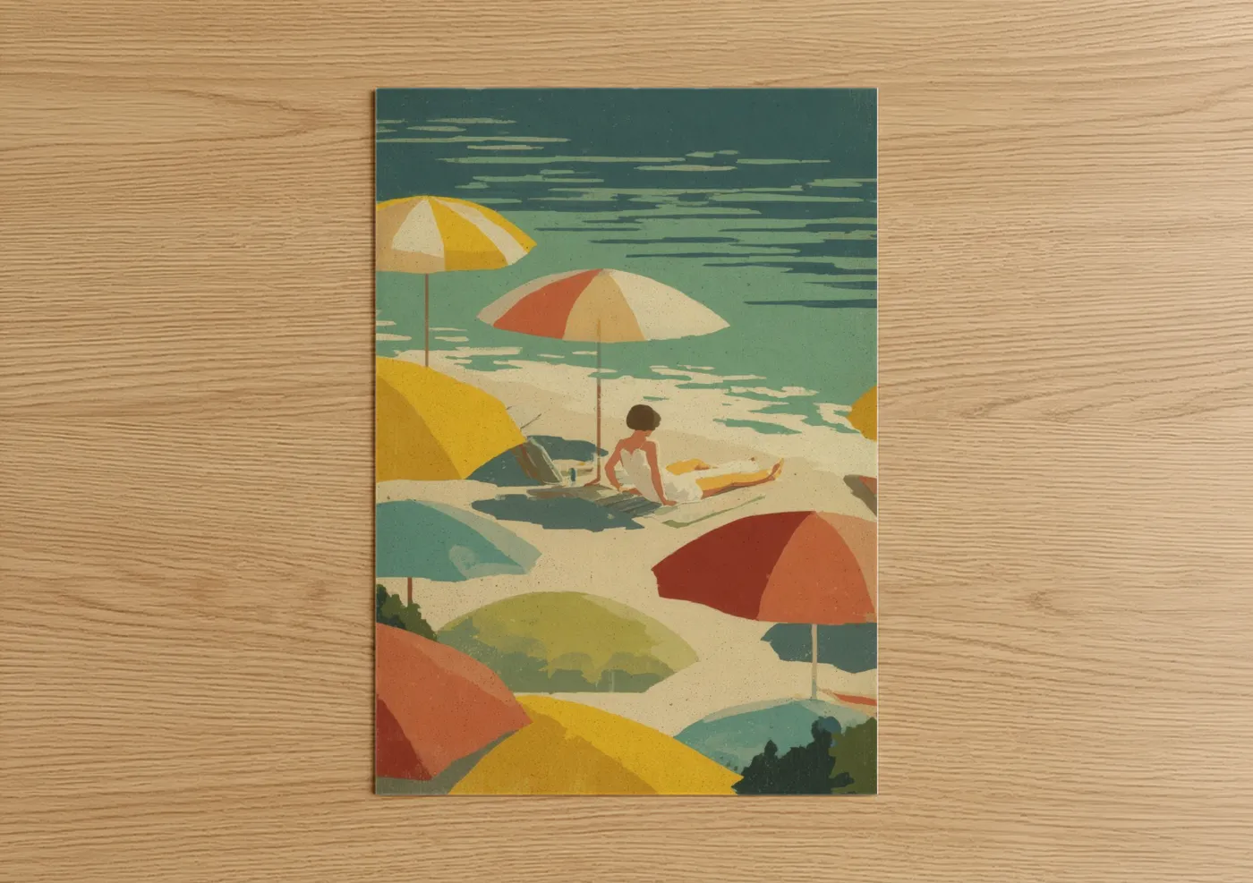 Summer art print on warm oak wood — yellow gold and teal palette — Sunny Beach Day poster