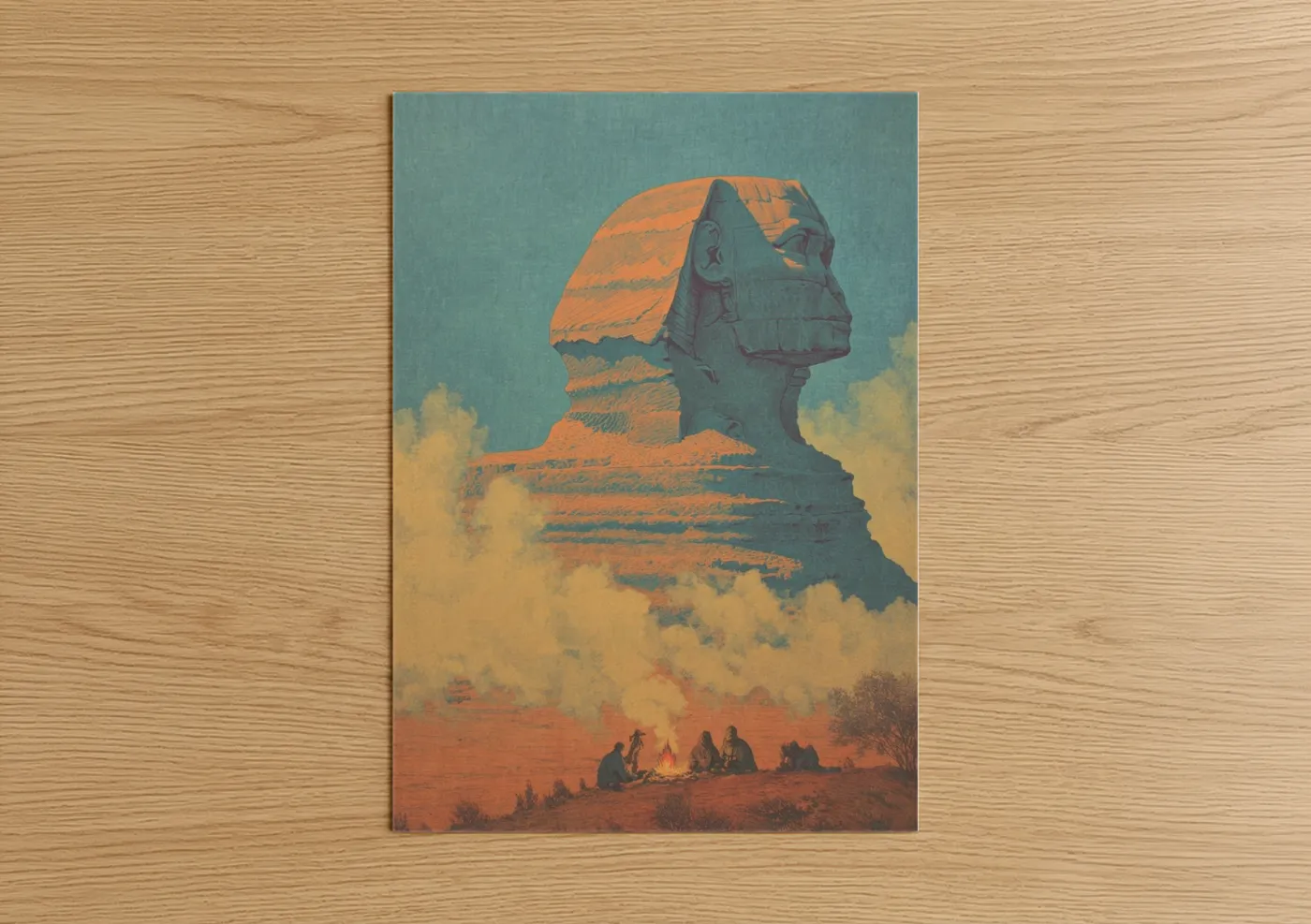 Art print on warm oak wood — gold and teal palette — Desert Sphinx poster