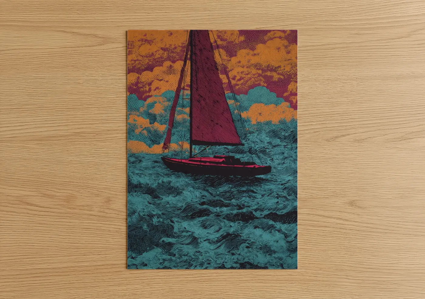 Crimson Sailing Ship Ocean Illustration Wall Art