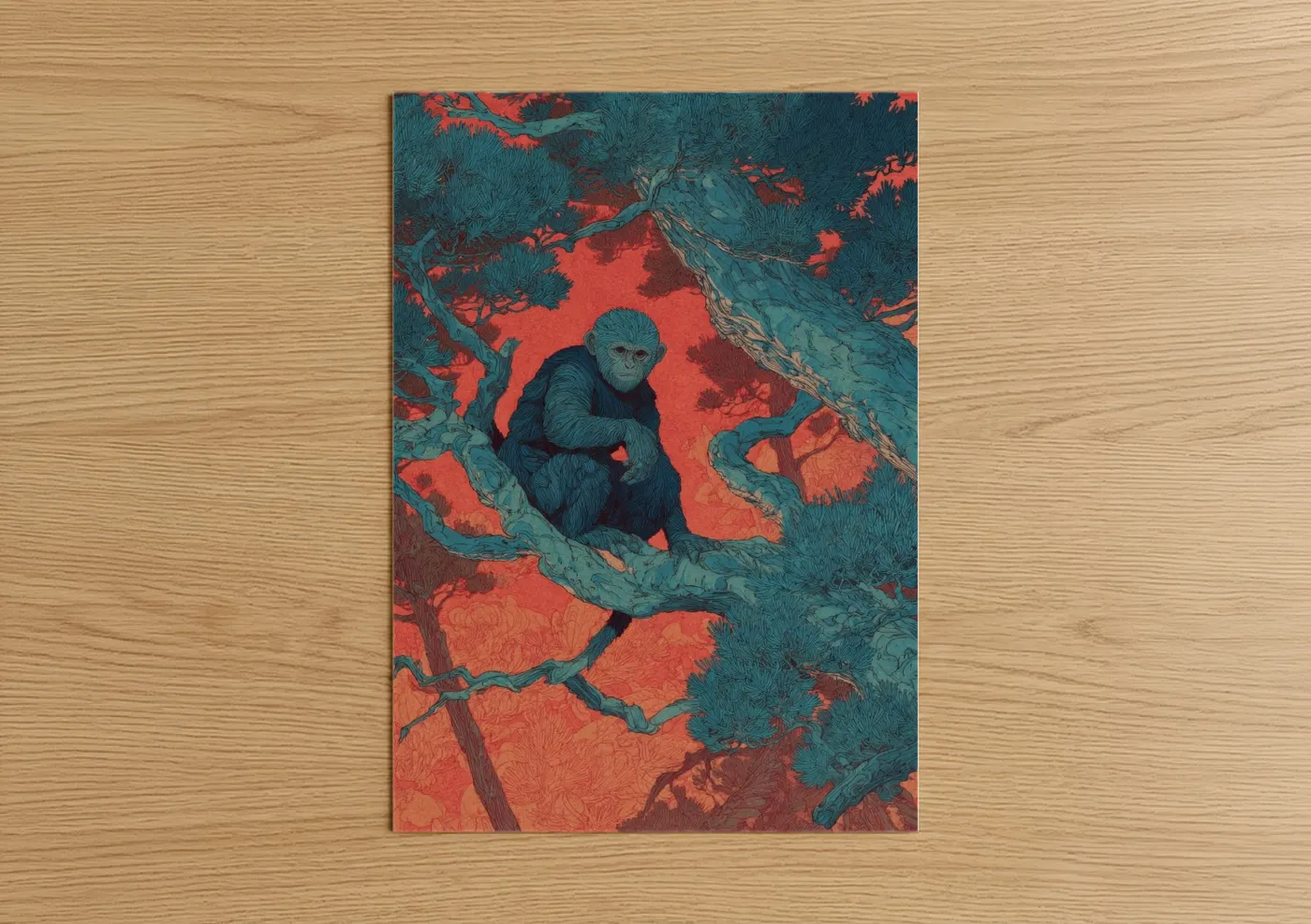 Kung fu art print on warm oak wood — teal and red palette — Contemplative Warrior poster