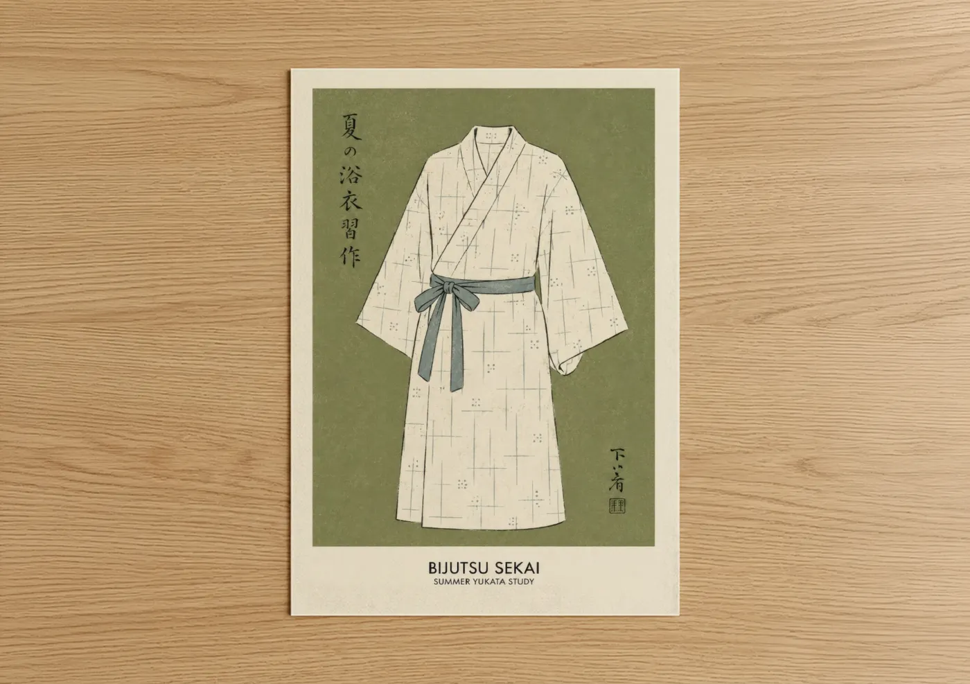 Abstract minimalist art print on warm oak wood — sage green and cream palette — Japanese Yukata Illustration Wall Art poster