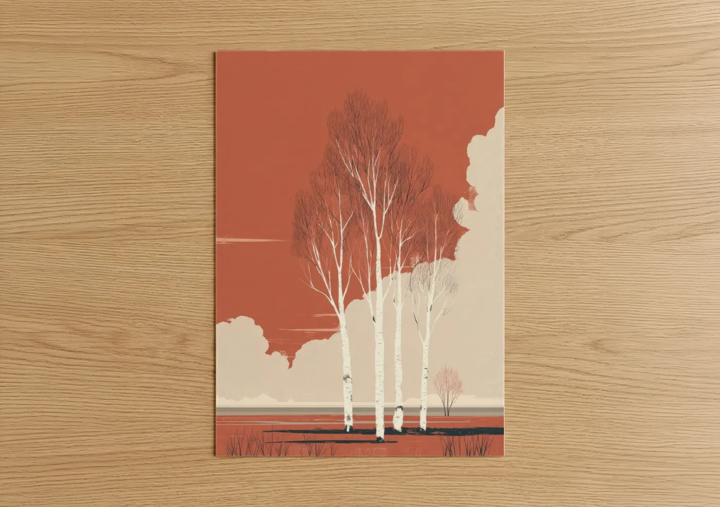 Art print on warm oak wood — russet and cream palette — Birch Trees Autumn poster