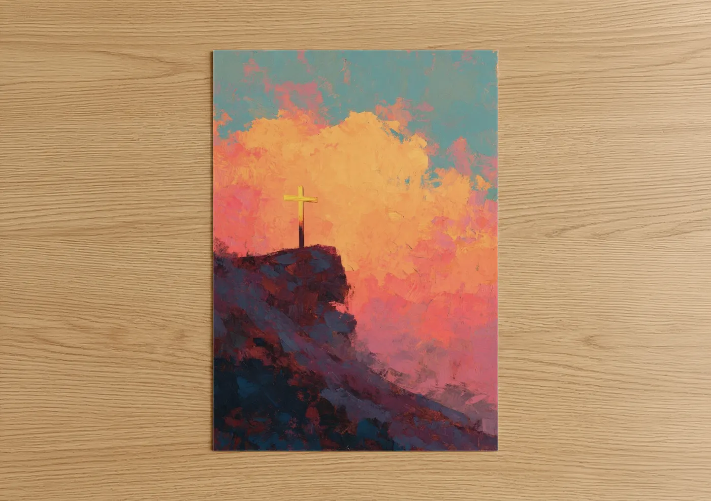 Golden Cross Mountain Sunset Painting Wall Art