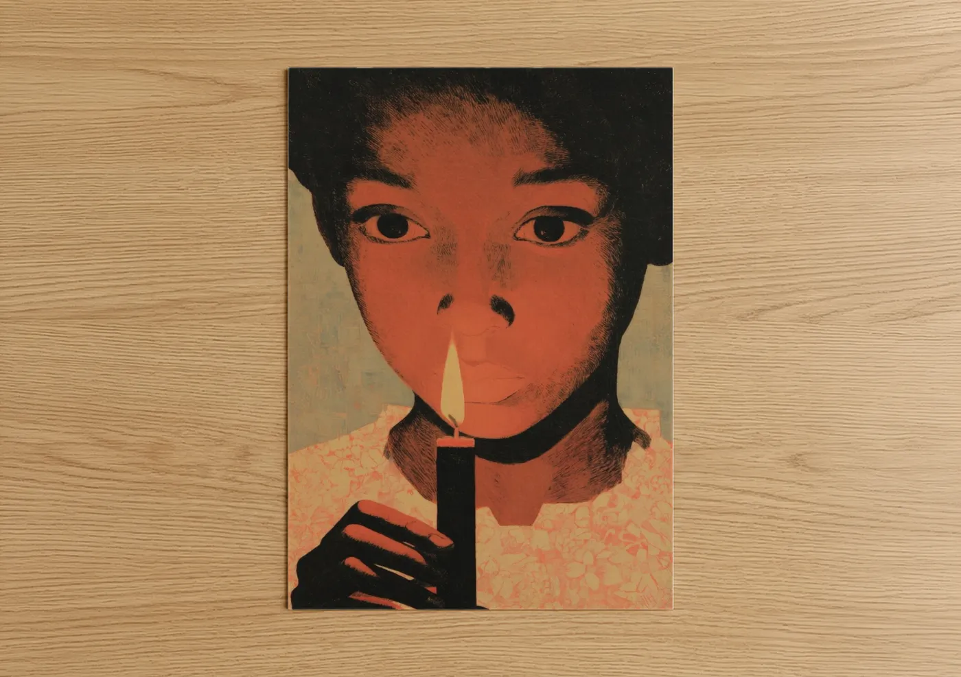 Art print on warm oak wood — red and black palette — Kwanzaa Reflection poster