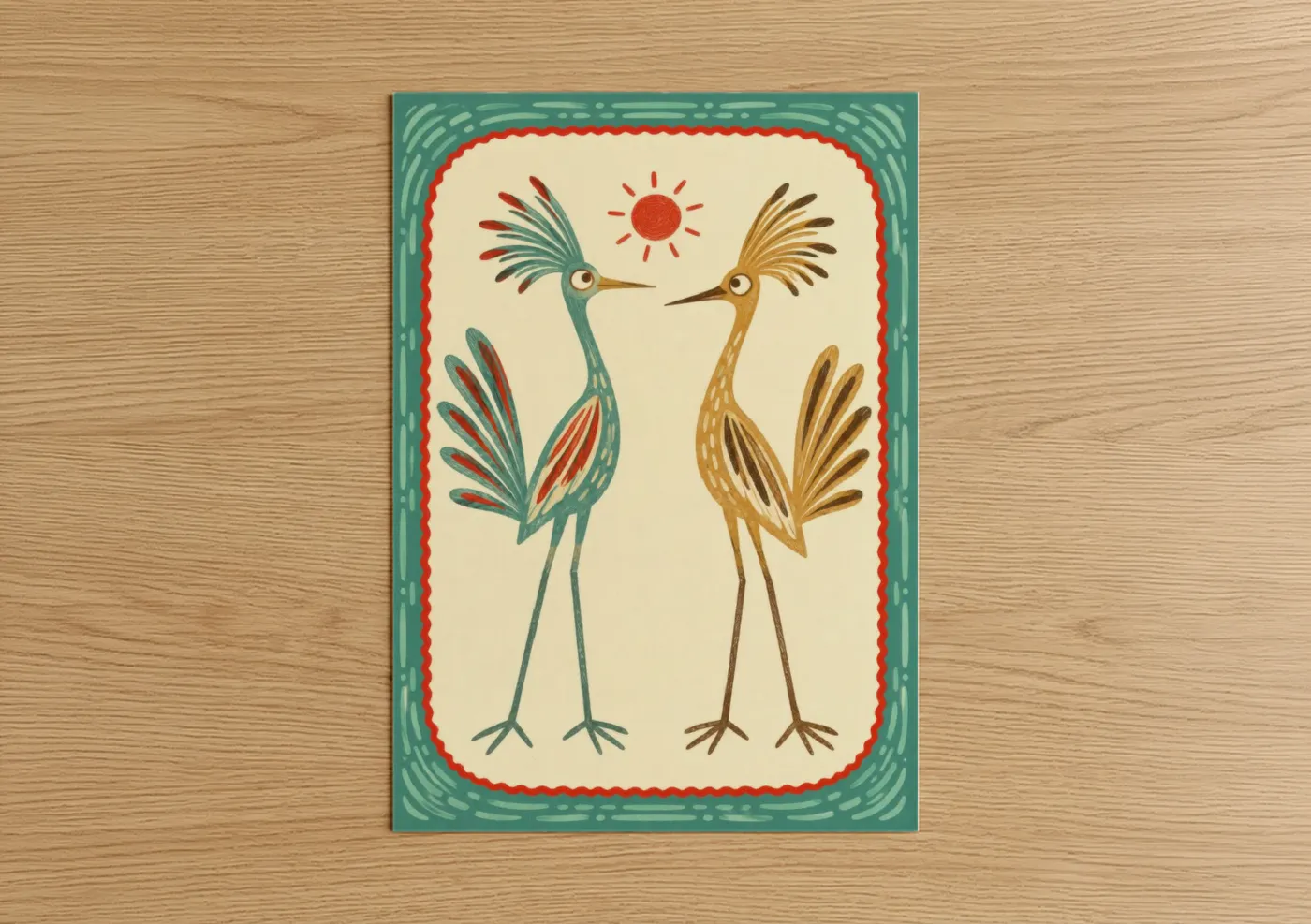 Art print on warm oak wood — cream and teal palette — Stylized Crane Pair Wall Art poster