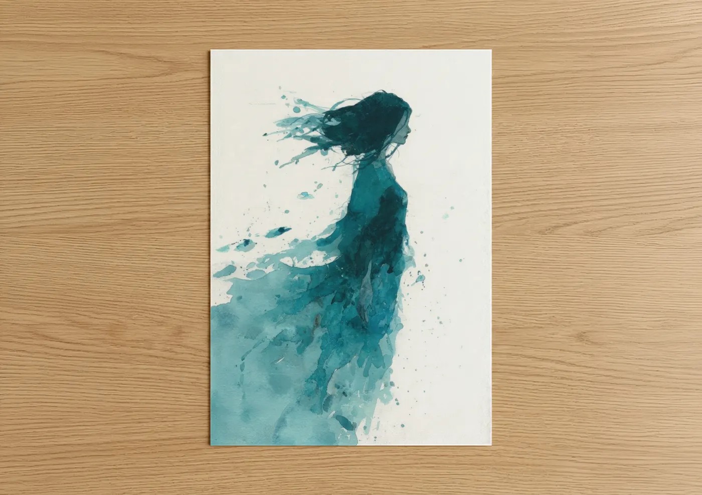 Teal Mermaid Silhouette Watercolor Wall Art