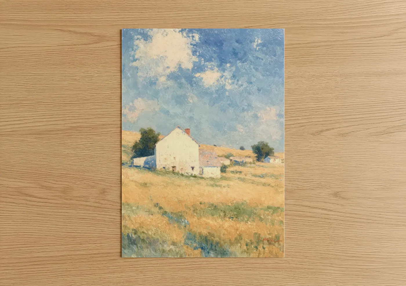 Art print on warm oak wood — gold and blue and white palette — Golden Farmstead poster