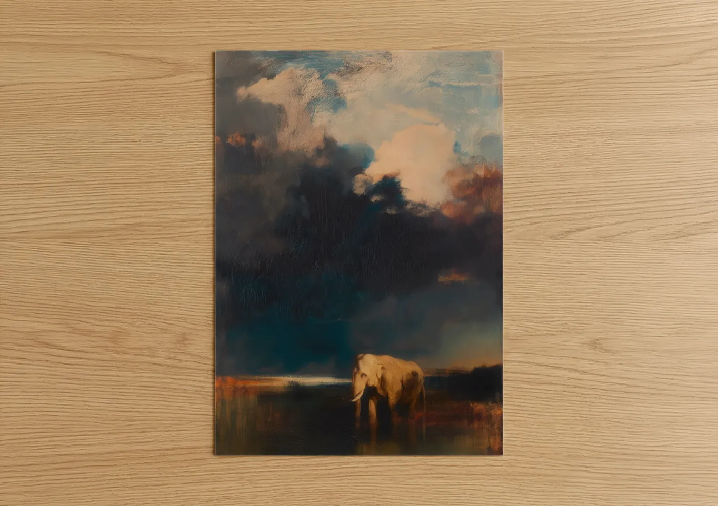 Asian Elephant Stormy Landscape Painting Wall Art