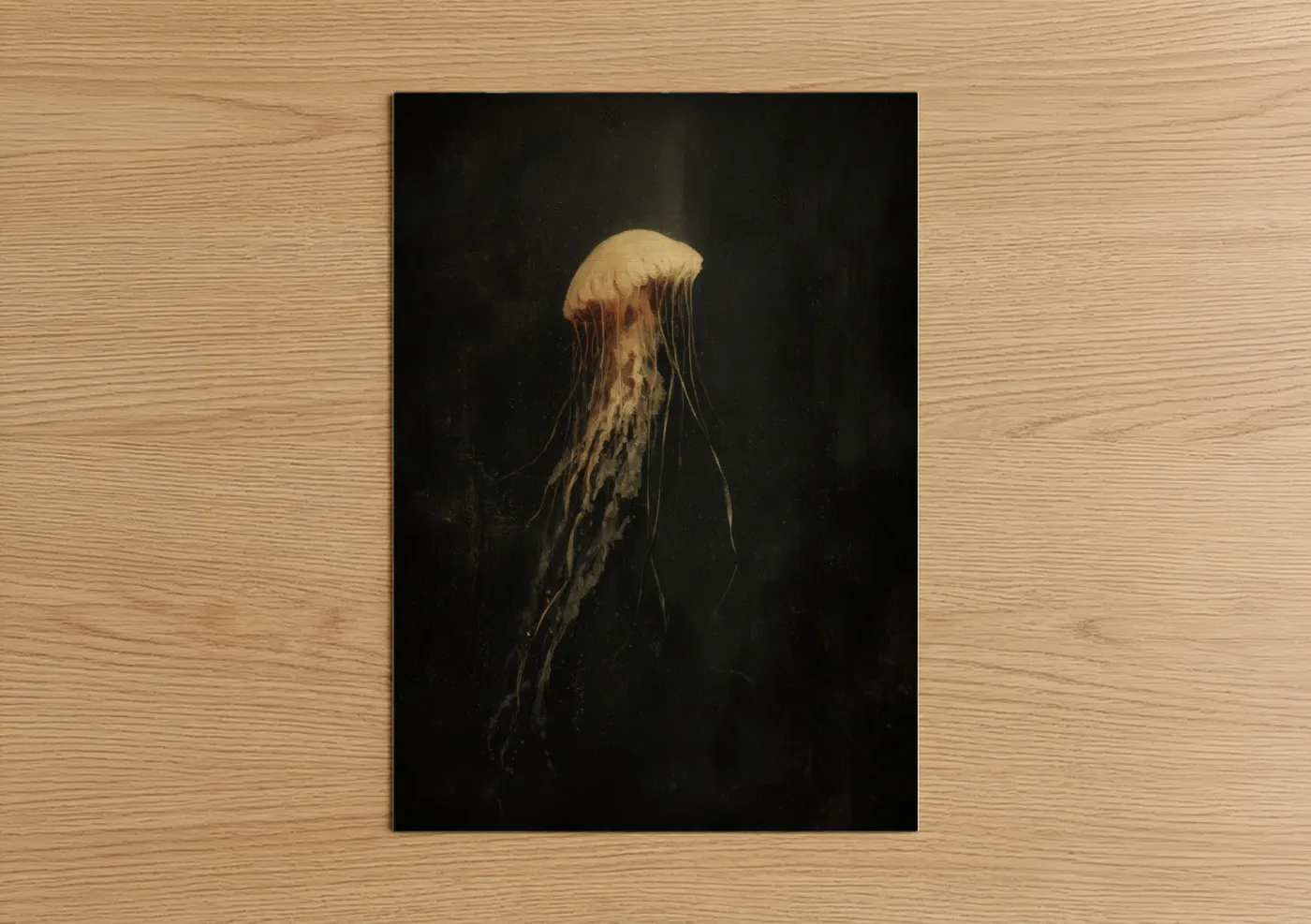 Art print on warm oak wood — gold and black palette — Golden Jellyfish poster