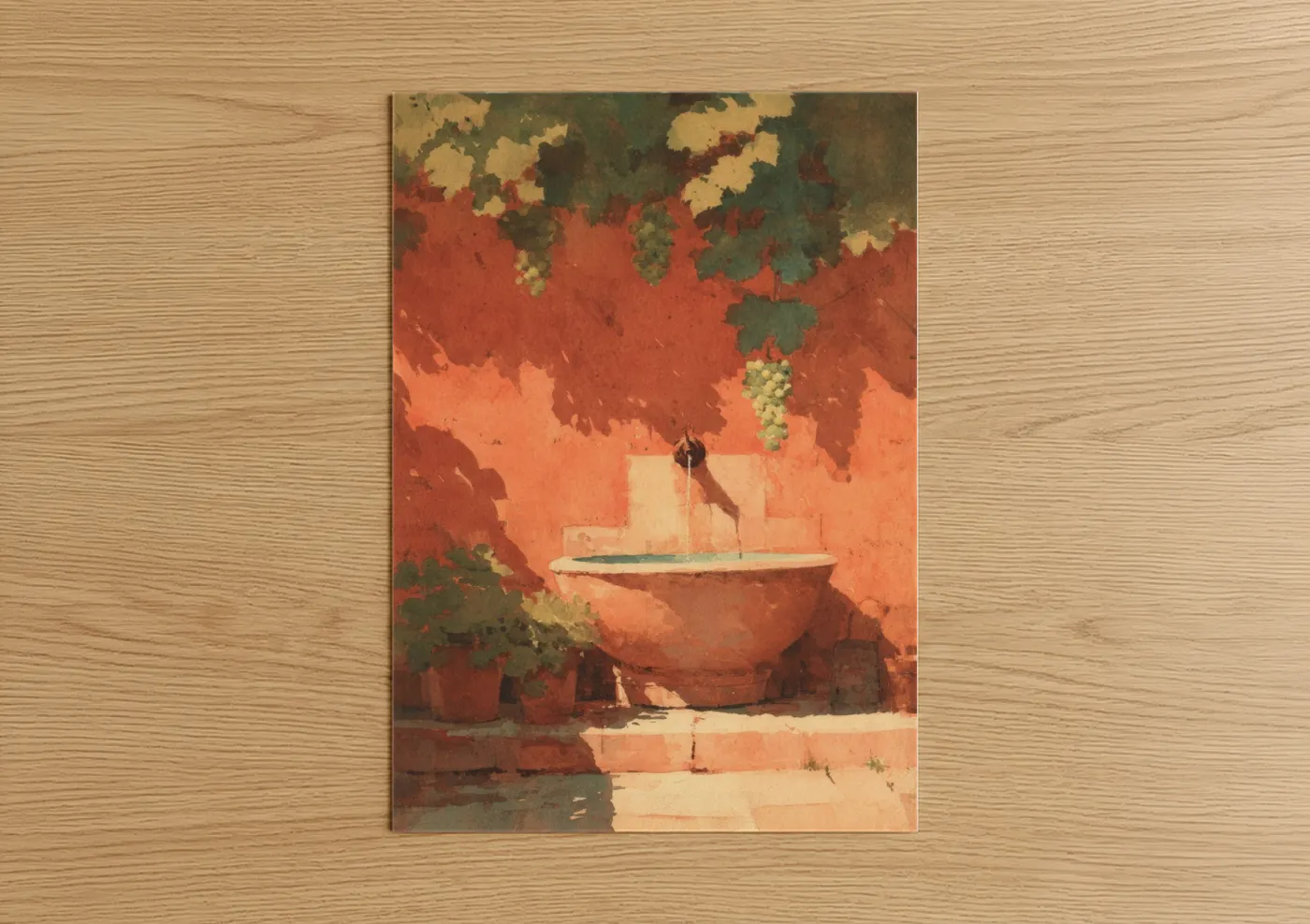 Vintage Courtyard Fountain Watercolor Wall Art