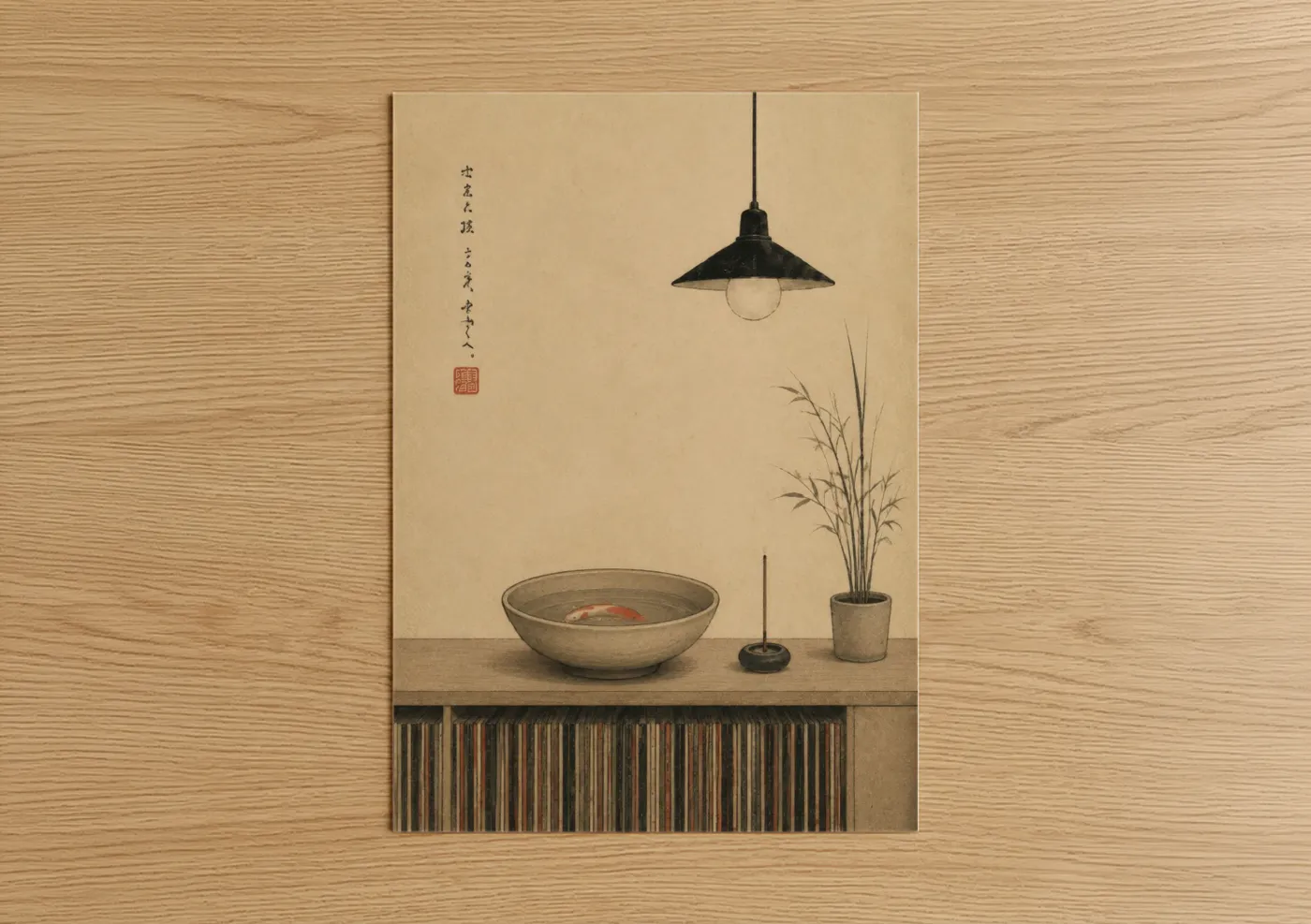 Grass art print on warm oak wood — beige and black palette — Japanese Zen Minimalist Goldfish Bowl Wall Art poster