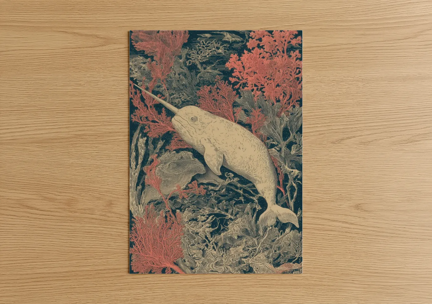 Narwhal Among Coral Reef Illustration Wall Art