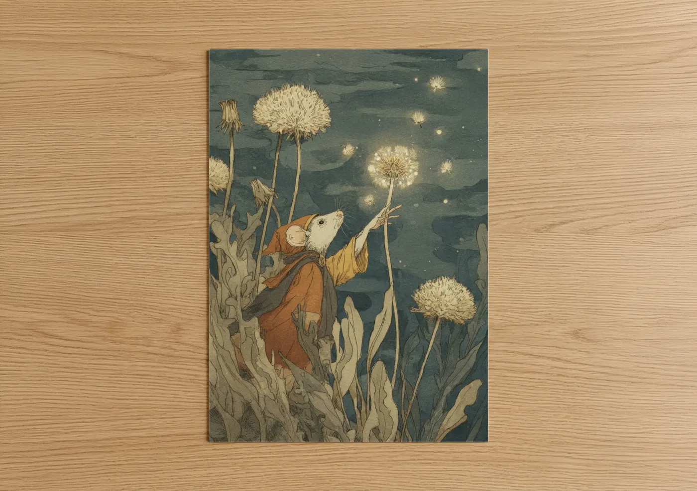 Mice art print on warm oak wood — teal and gold palette — Dandelion Mouse poster