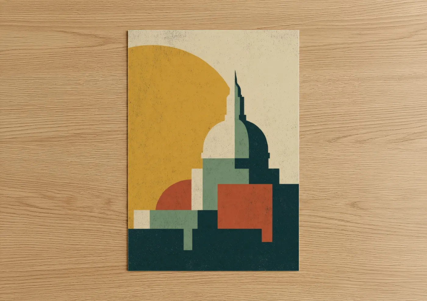 Saint paul's cathedral art print on warm oak wood — yellow gold and dark blue palette — Golden Cathedral Sunset poster
