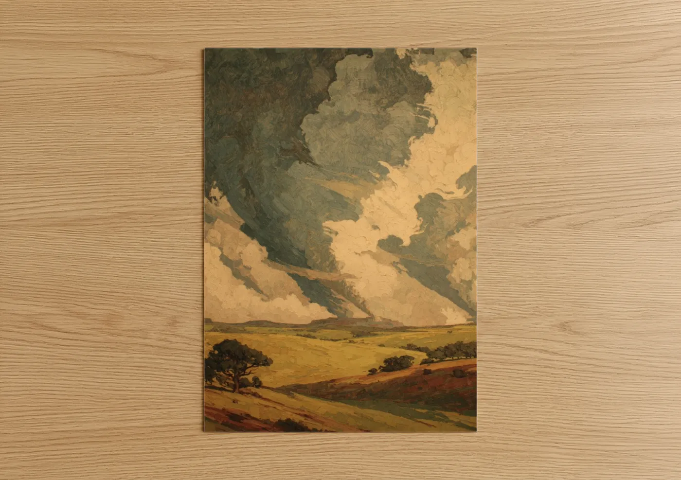 Art print on warm oak wood — gold and dark green palette — Stormy Prairie Tornado poster