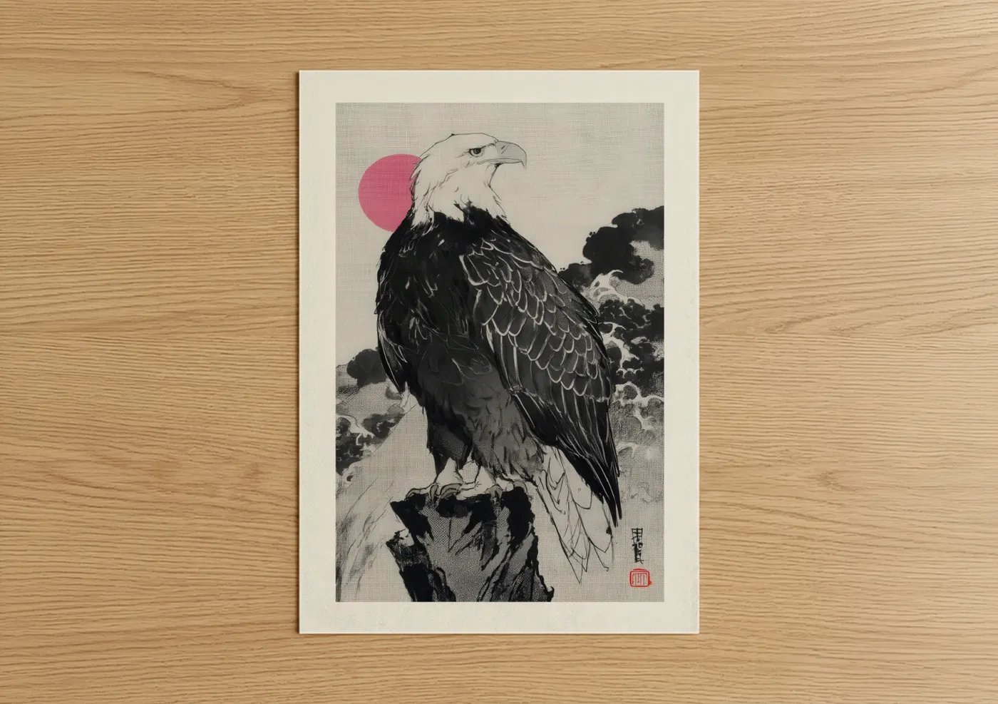 Crimson Moon Eagle Japanese Woodblock Wall Art
