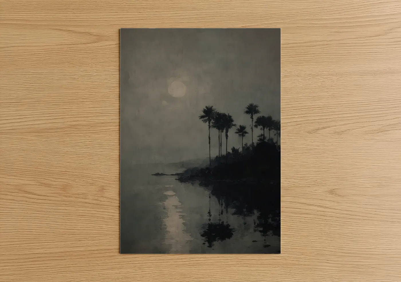 Misty Oasis Palm Trees Moonlit Water Wall Art