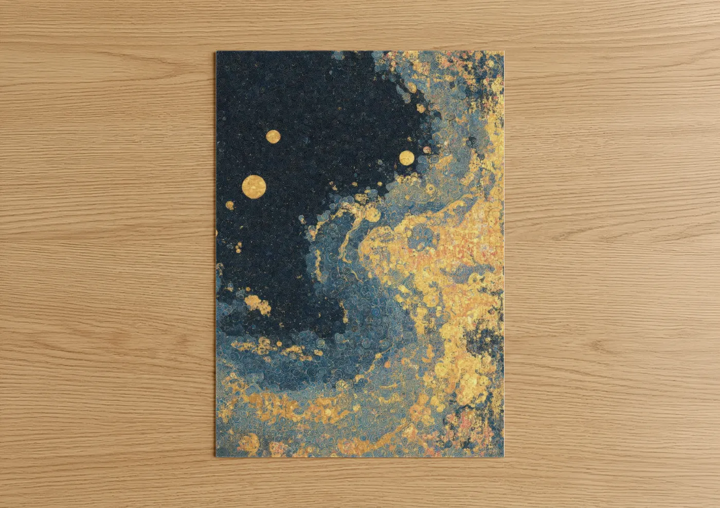 Art print on warm oak wood — gold and dark blue palette — Golden Galaxy poster