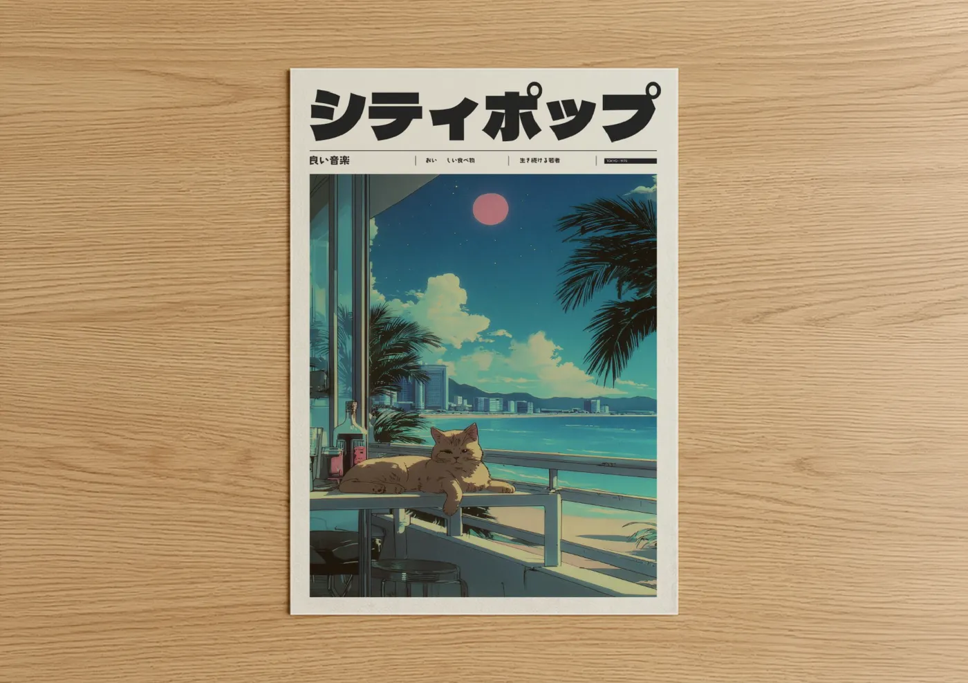 Cat Beach Sunset Anime Illustration Wall Art