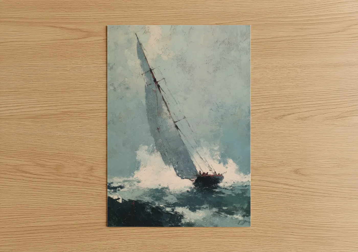 Art print on warm oak wood — gray and white and teal palette — Stormy Sailing Ship poster