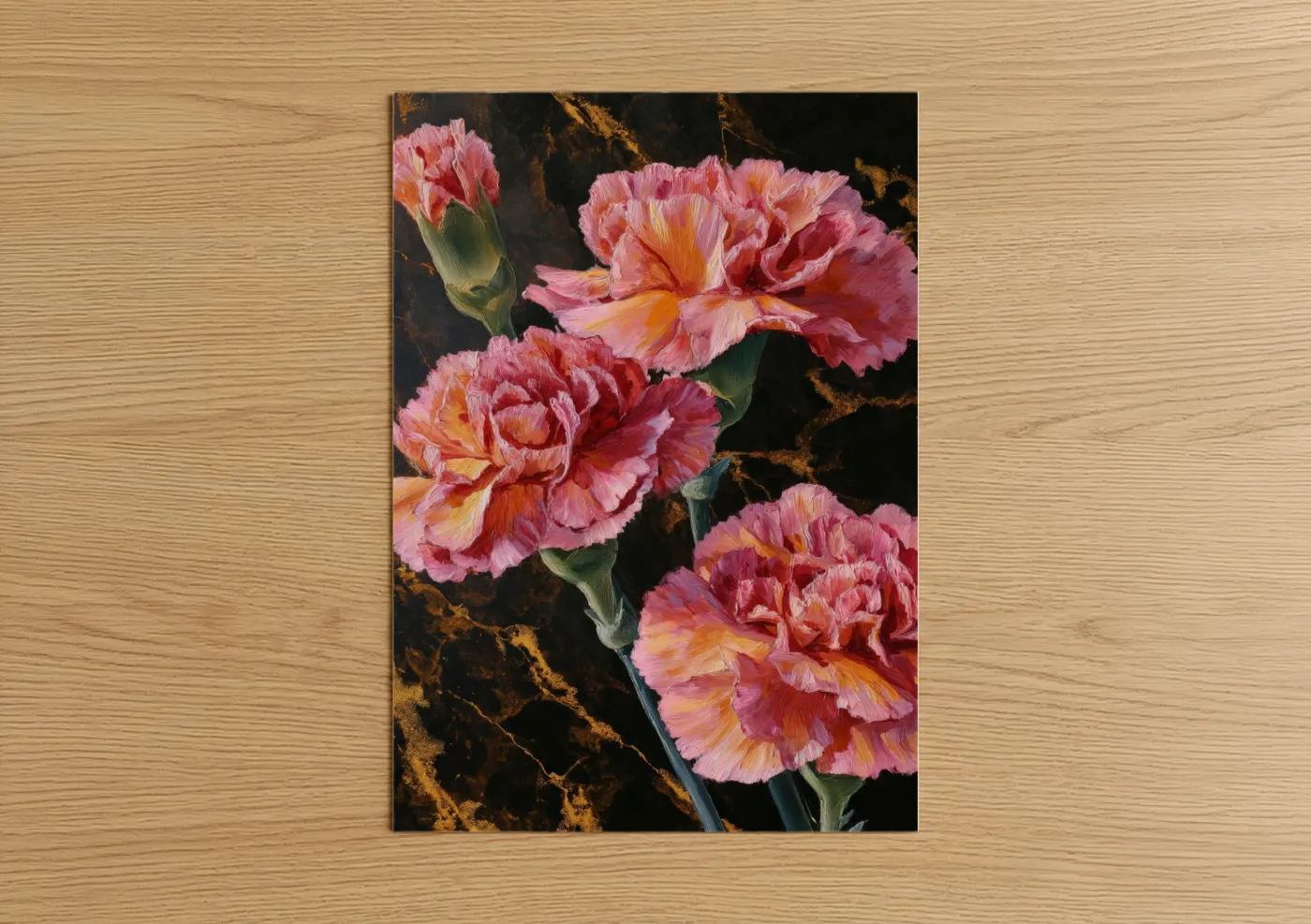 Art print on warm oak wood — rose gold and black palette — Coral Carnations poster