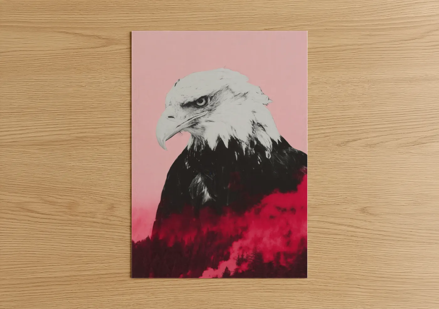 Art print on warm oak wood — pink and black and white palette — Pink Sky Eagle poster