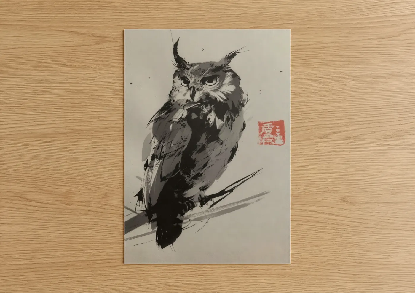 Art print on warm oak wood — black and white palette — Contemplative Owl poster