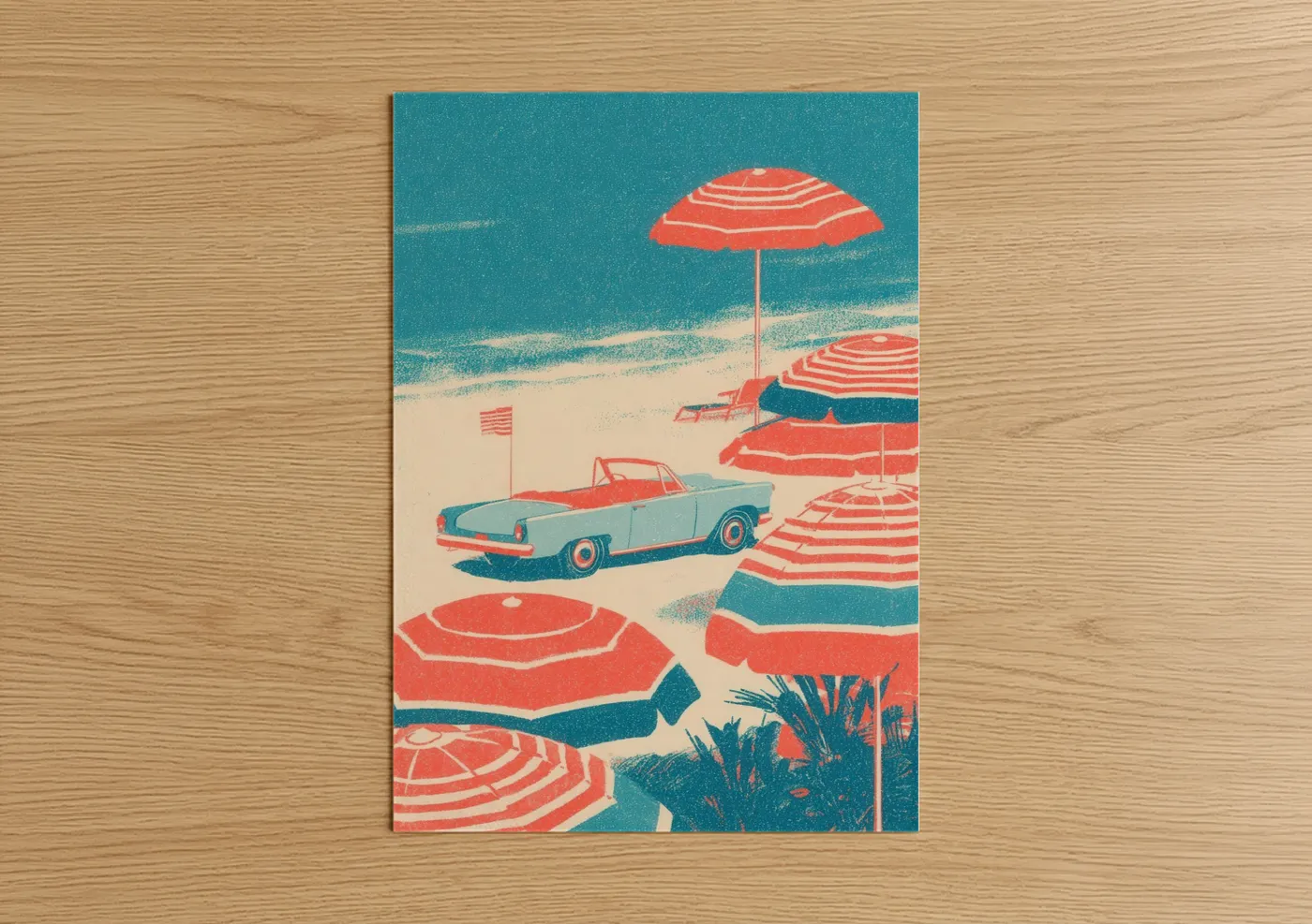 4th of july art print on warm oak wood — teal and salmon pink palette — Vintage Beach Celebration poster