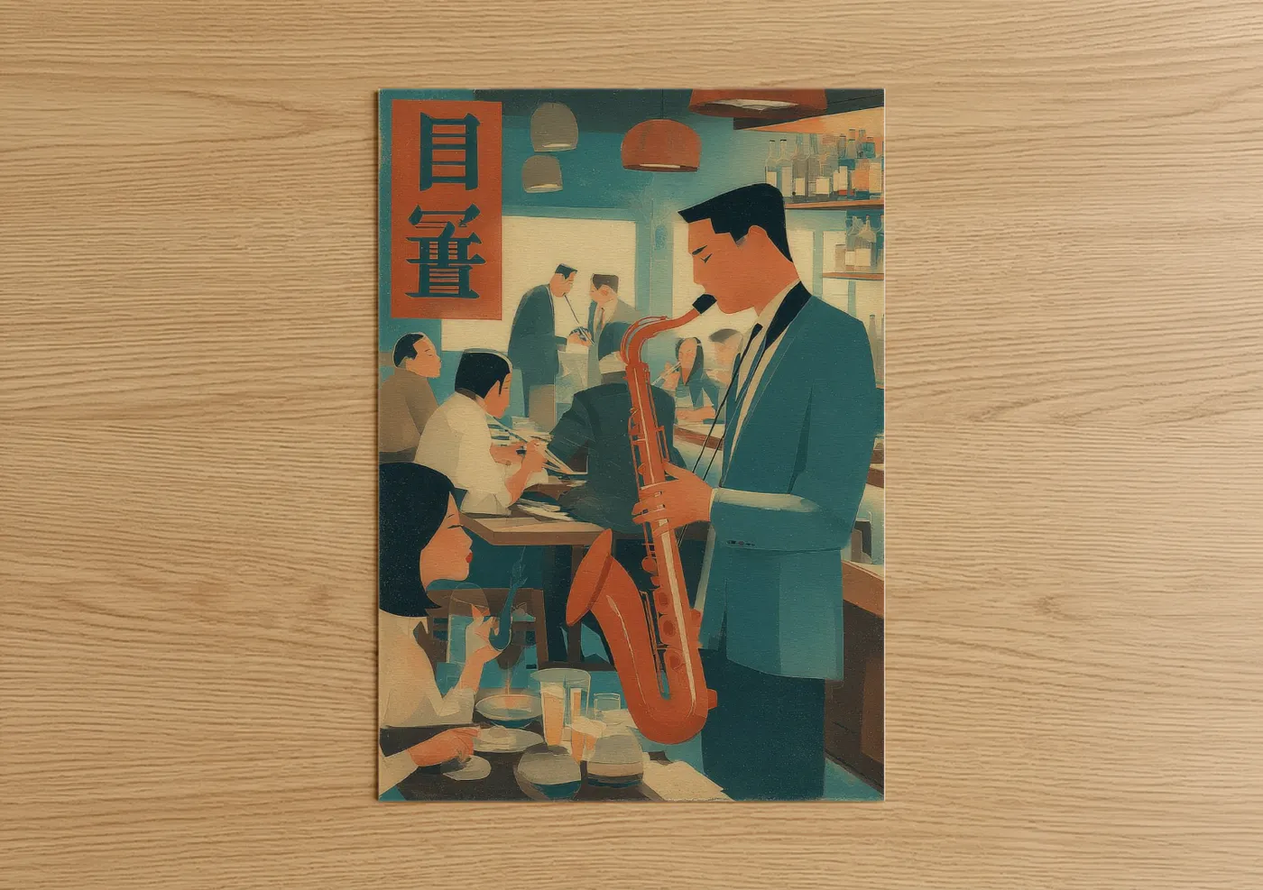 Vintage japanese ads art print on warm oak wood — teal and gold palette — Office Harmony poster