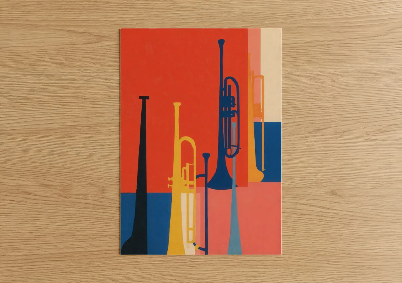Trumpet art print on warm oak wood — red and gold palette — Jazz Ensemble Silhouettes poster