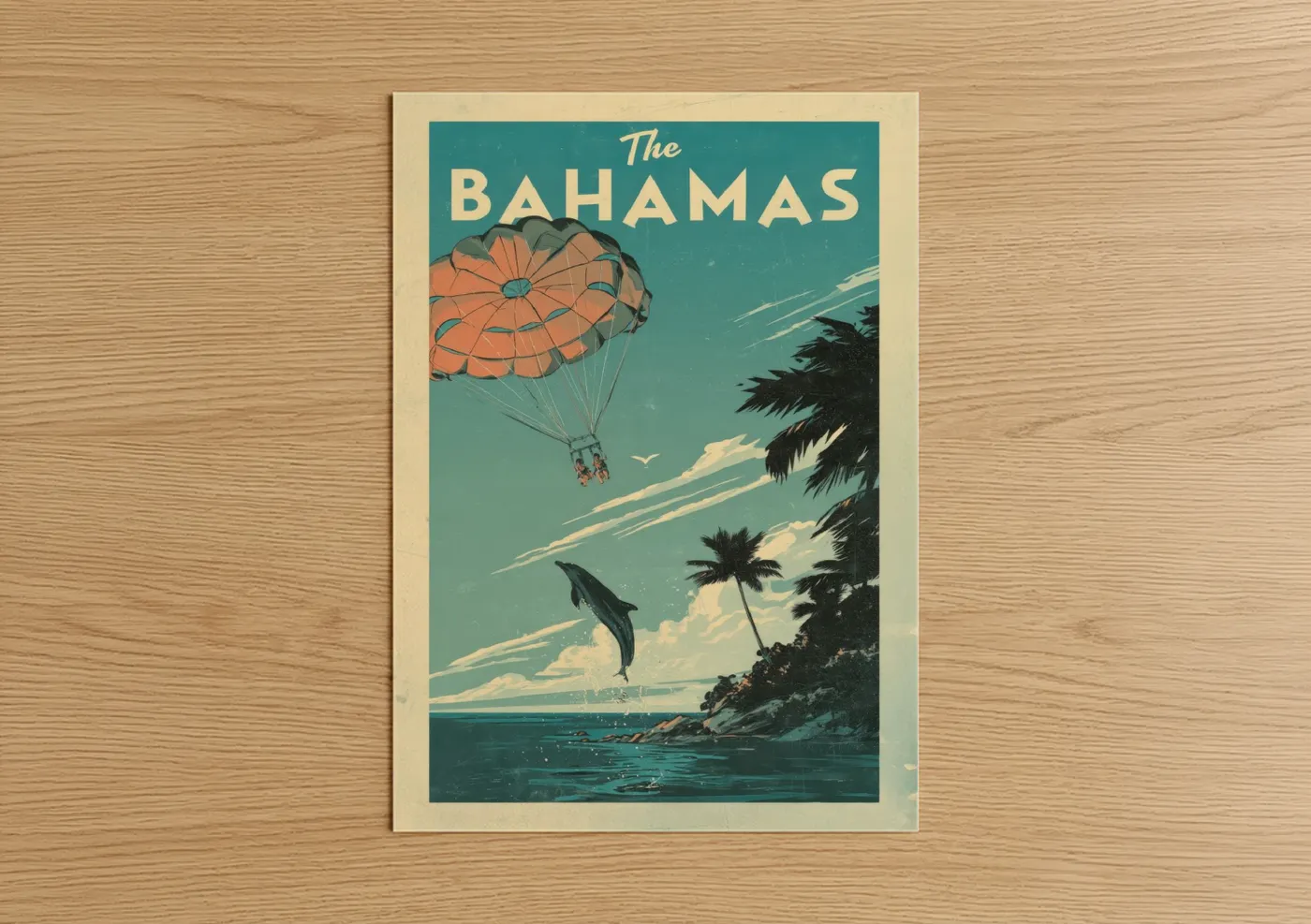 Art print on warm oak wood — teal and orange palette — Tropical Parasailing poster