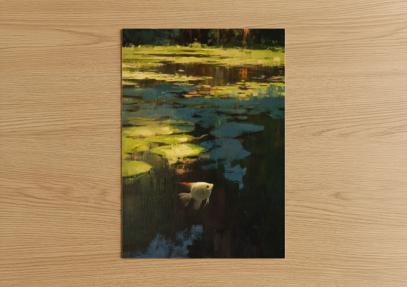 Art print on warm oak wood — gold and teal palette — Luminous Angel Fish poster