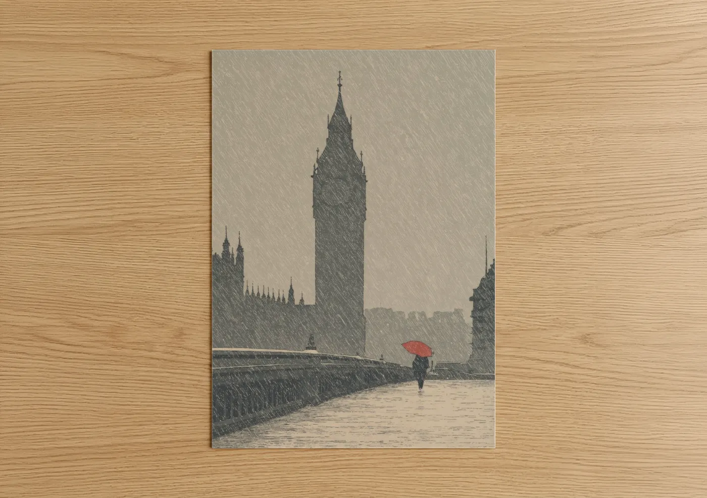 Art print on warm oak wood — gray and gray and white palette — Rainy Big Ben poster