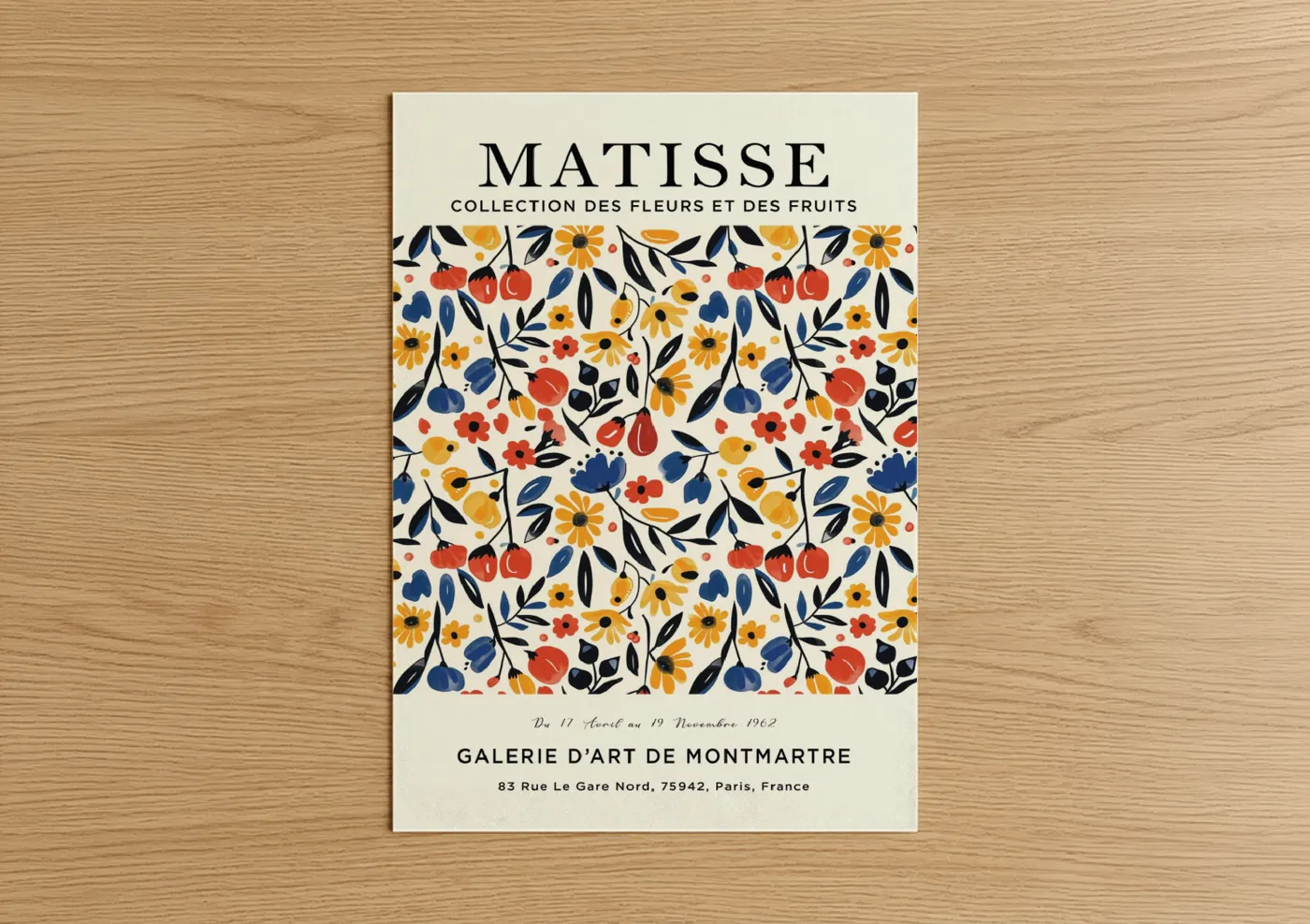Abstract flower art print on warm oak wood — gold and red palette — Matisse Floral Pattern poster